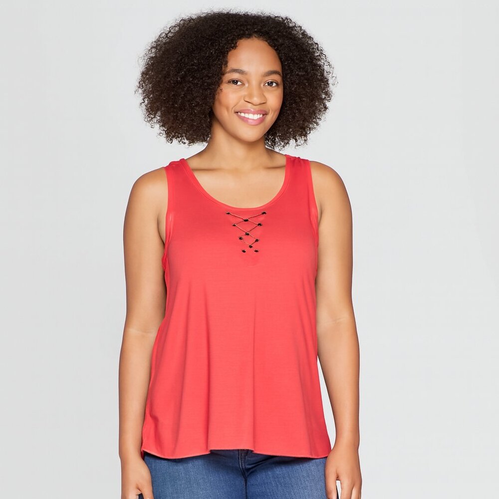 Pink Republic Juniors Tank Top Stretch Tie Front Spicy Coral XL